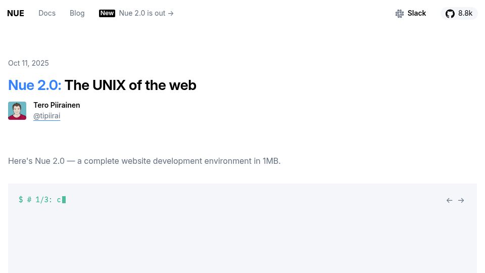 Screenshot of nuejs.org: Nue 2.0 Beta released! The Unix of the web