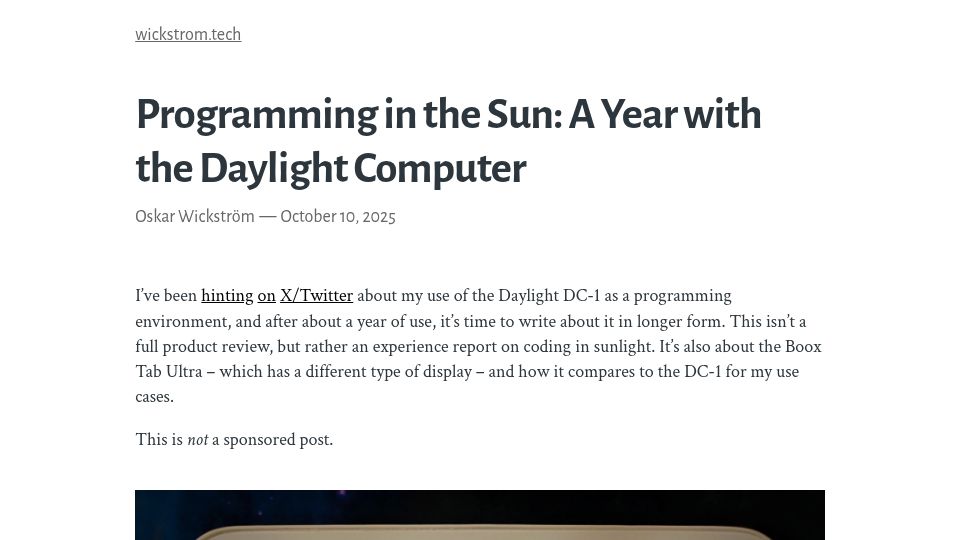 Screenshot of wickstrom.tech: Programming in the Sun: A Year with the Daylight Computer