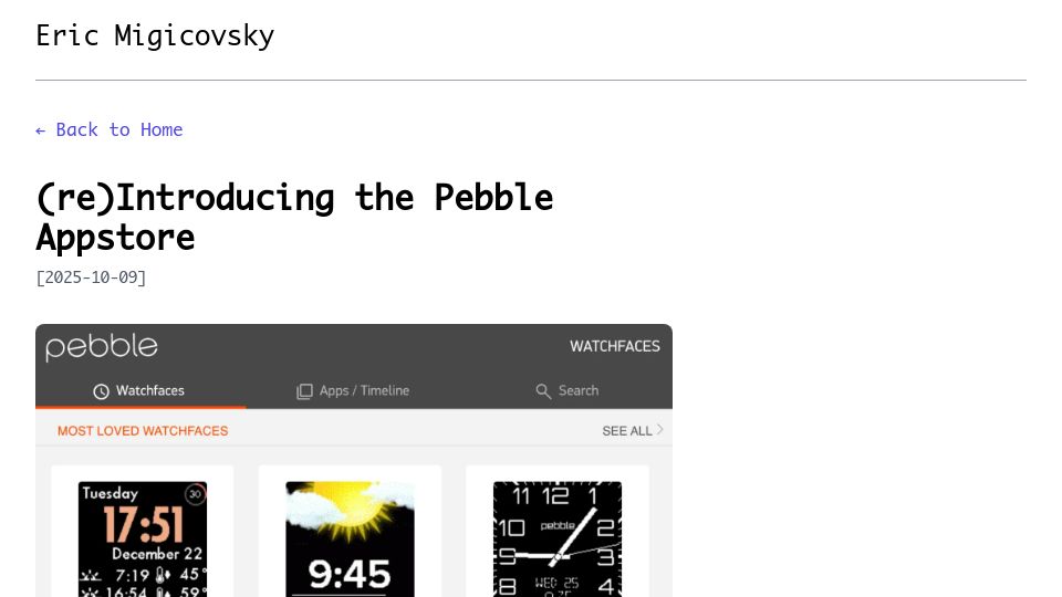 Screenshot of ericmigi.com: (Re)Introducing the Pebble Appstore