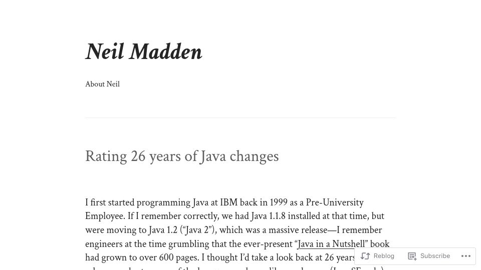 Screenshot of neilmadden.blog: Rating 26 years of Java changes