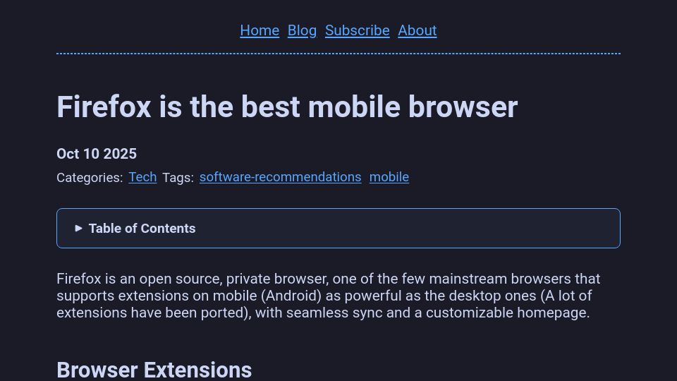 Screenshot of kelvinjps.com: Firefox is the best mobile browser