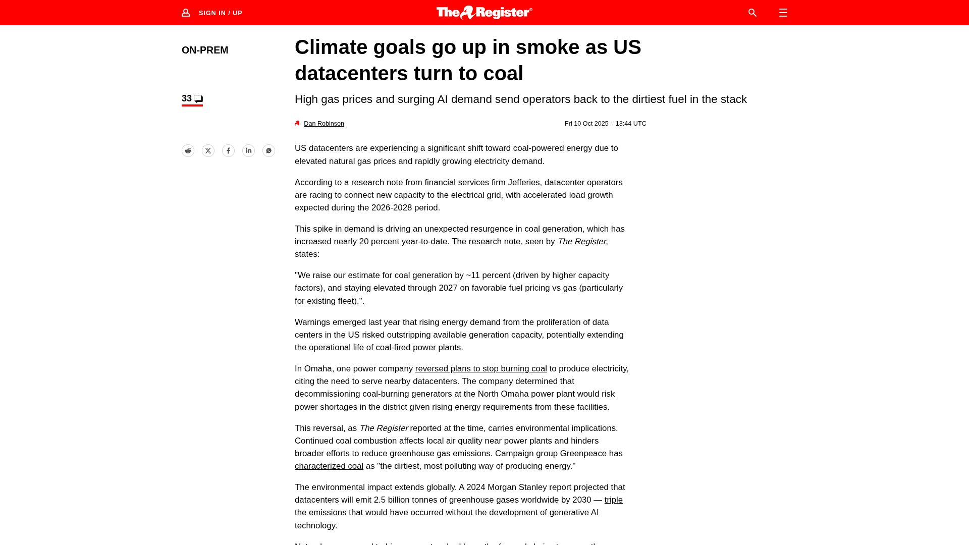 Screenshot of theregister.com: Climate goals go up in smoke as US datacenters turn to coal