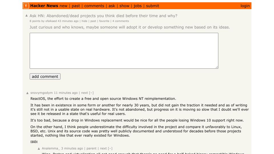 Screenshot of Hacker News post: Ask HN: Abandoned/dead projects you think died before their time and why?