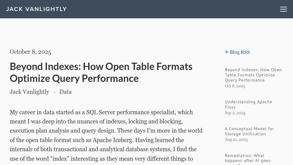 Screenshot of jack-vanlightly.com: Beyond indexes: How open table formats optimize query performance