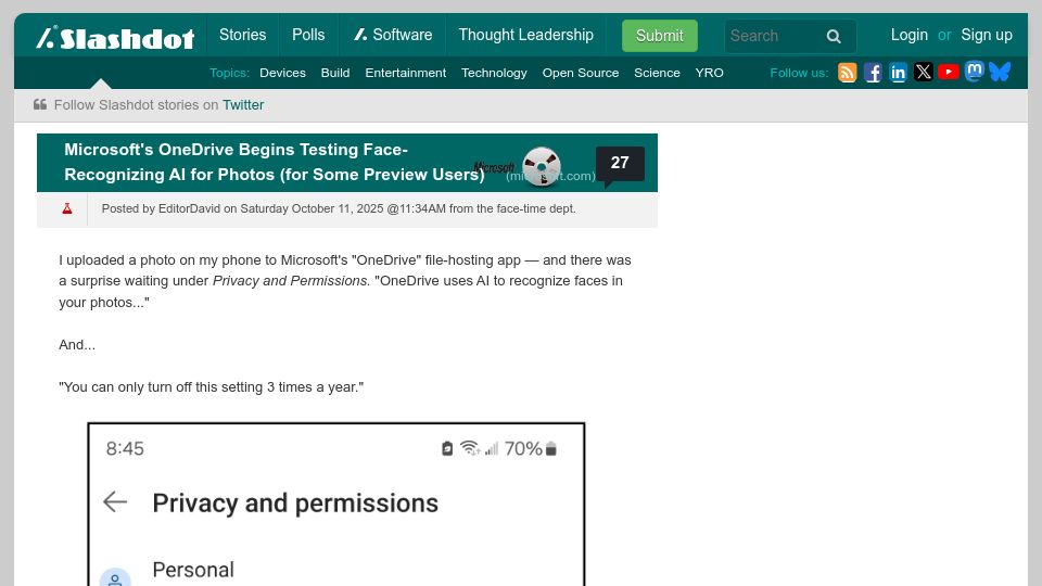 Screenshot of hardware.slashdot.org: Microsoft only lets you opt out of AI photo scanning 3x a year