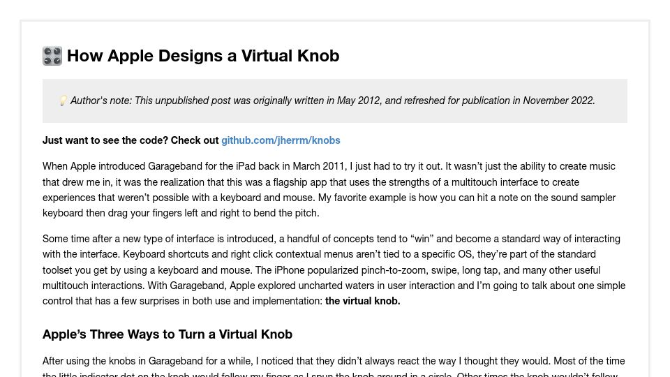 Screenshot of jherrm.github.io: How Apple designs a virtual knob (2012)