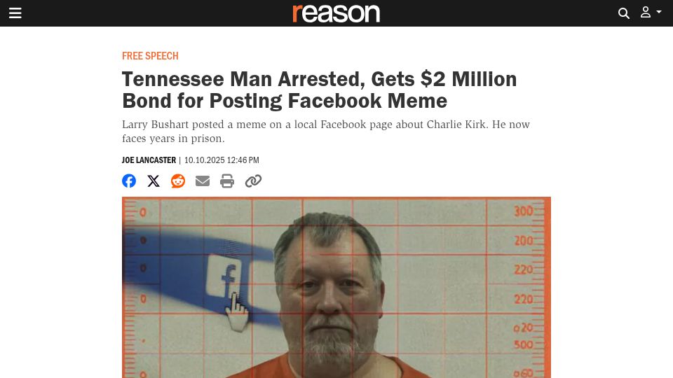 Screenshot of reason.com: Tennessee Man Arrested, Gets $2M Bond for Posting Facebook Meme