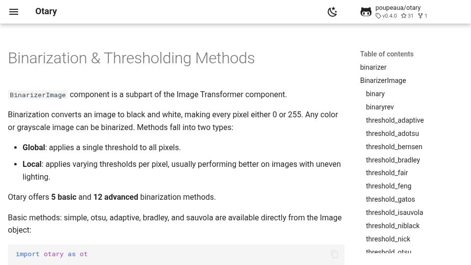 Screenshot of alexandrepoupeau.com: Otary now includes 17 image binarization methods