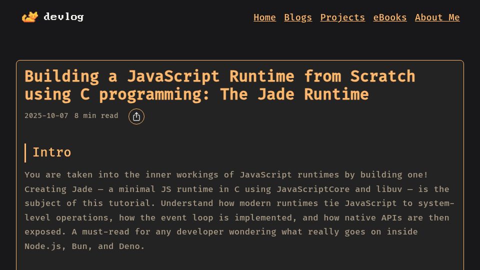 Screenshot of devlogs.xyz: Building a JavaScript Runtime using C