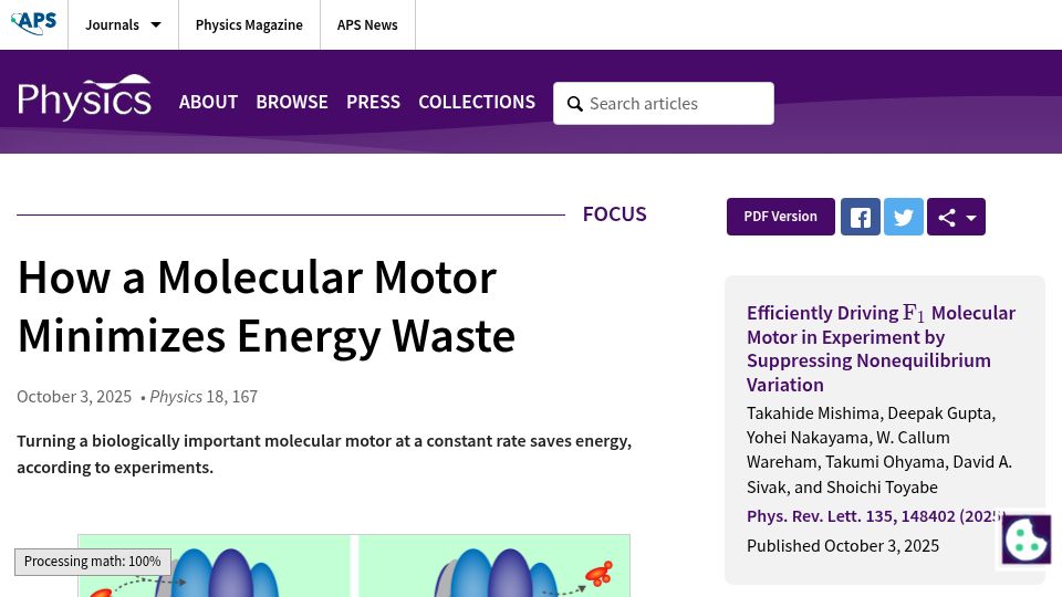 Screenshot of physics.aps.org: A molecular motor minimizes energy waste