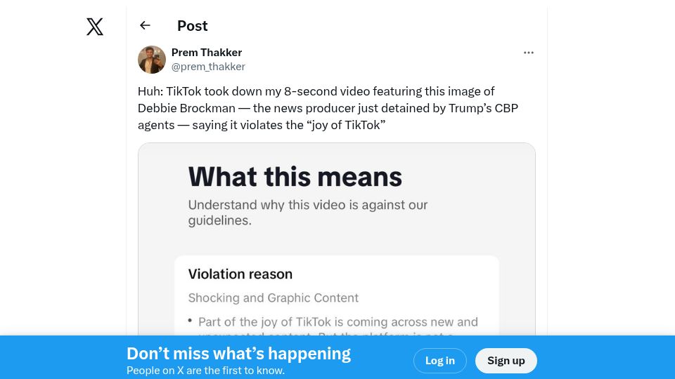 Screenshot of twitter.com: TikTok removing posts for violating the "joy of TikTok"
