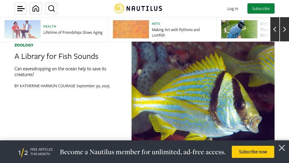 Screenshot of nautil.us: A Library for Fish Sounds