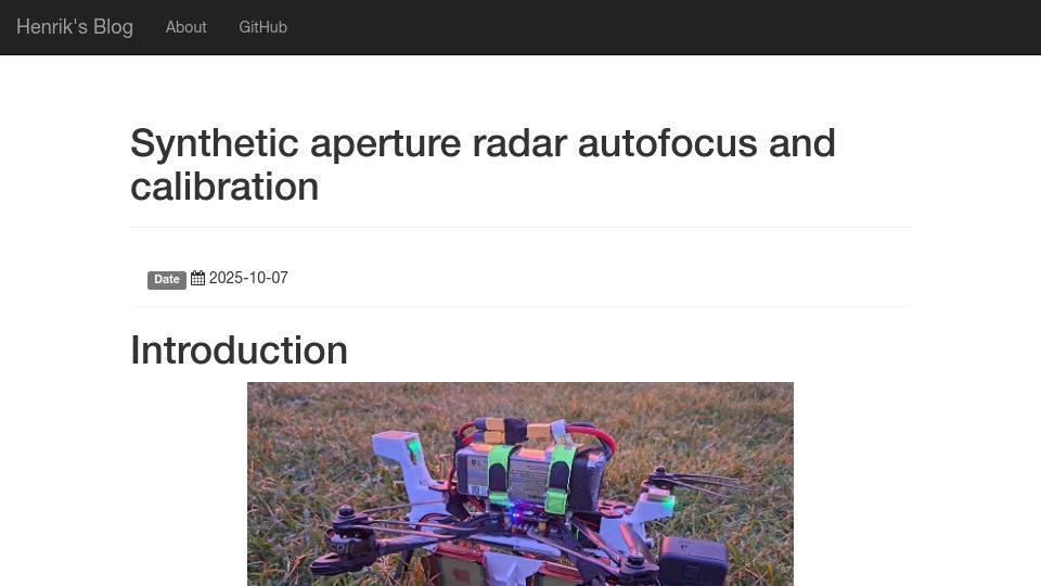 Screenshot of hforsten.com: Synthetic aperture radar autofocus and calibration