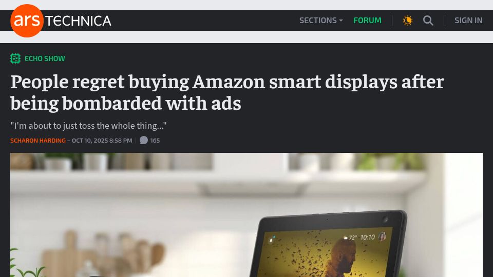 Screenshot of arstechnica.com: People regret buying Amazon smart displays after being bombarded with ads