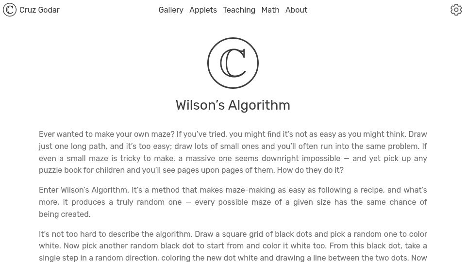 Screenshot of cruzgodar.com: Wilson's Algorithm