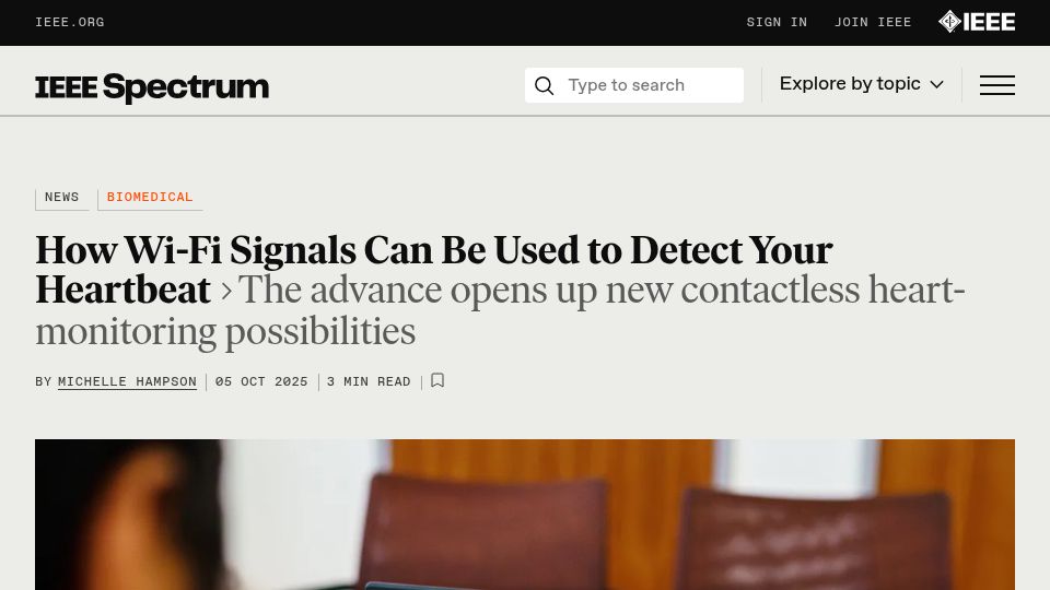 Screenshot of spectrum.ieee.org: Wi-fi signal tracks heartbeat without wearables