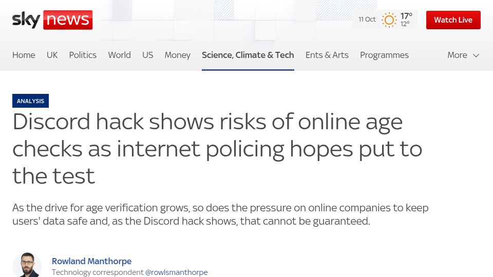 Screenshot of news.sky.com: Discord hack shows risks of online age checks