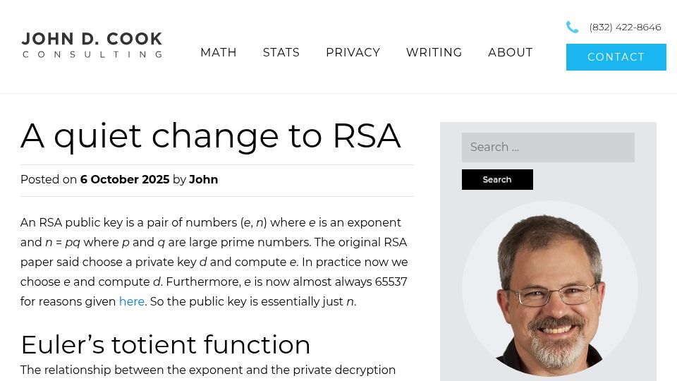 Screenshot of johndcook.com: A quiet change to RSA