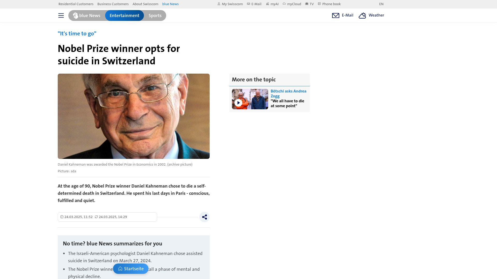 Screenshot of bluewin.ch: Daniel Kahneman opted for assisted suicide in Switzerland