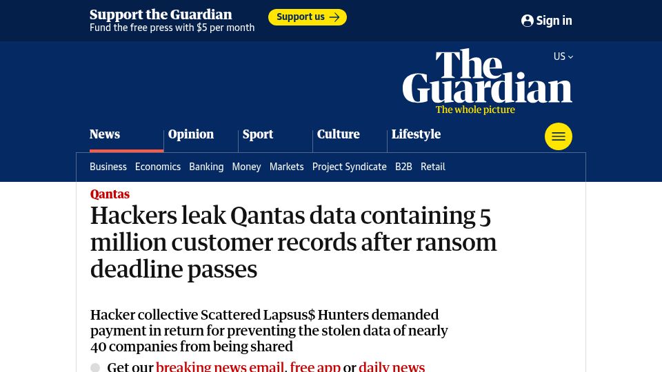 Screenshot of theguardian.com: Hackers leak Qantas data on 5M customers after ransom deadline passes