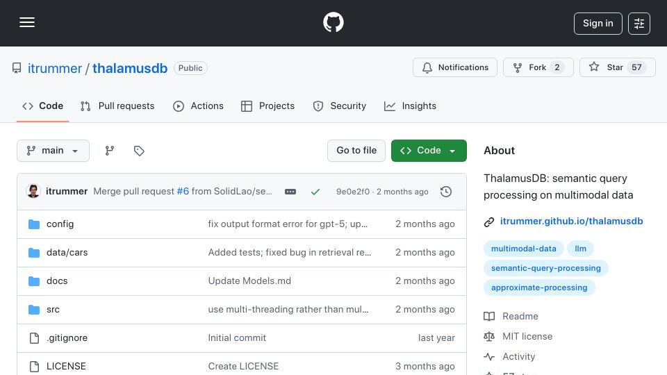 Screenshot of github.com: ThalamusDB: Query text, tables, images, and audio