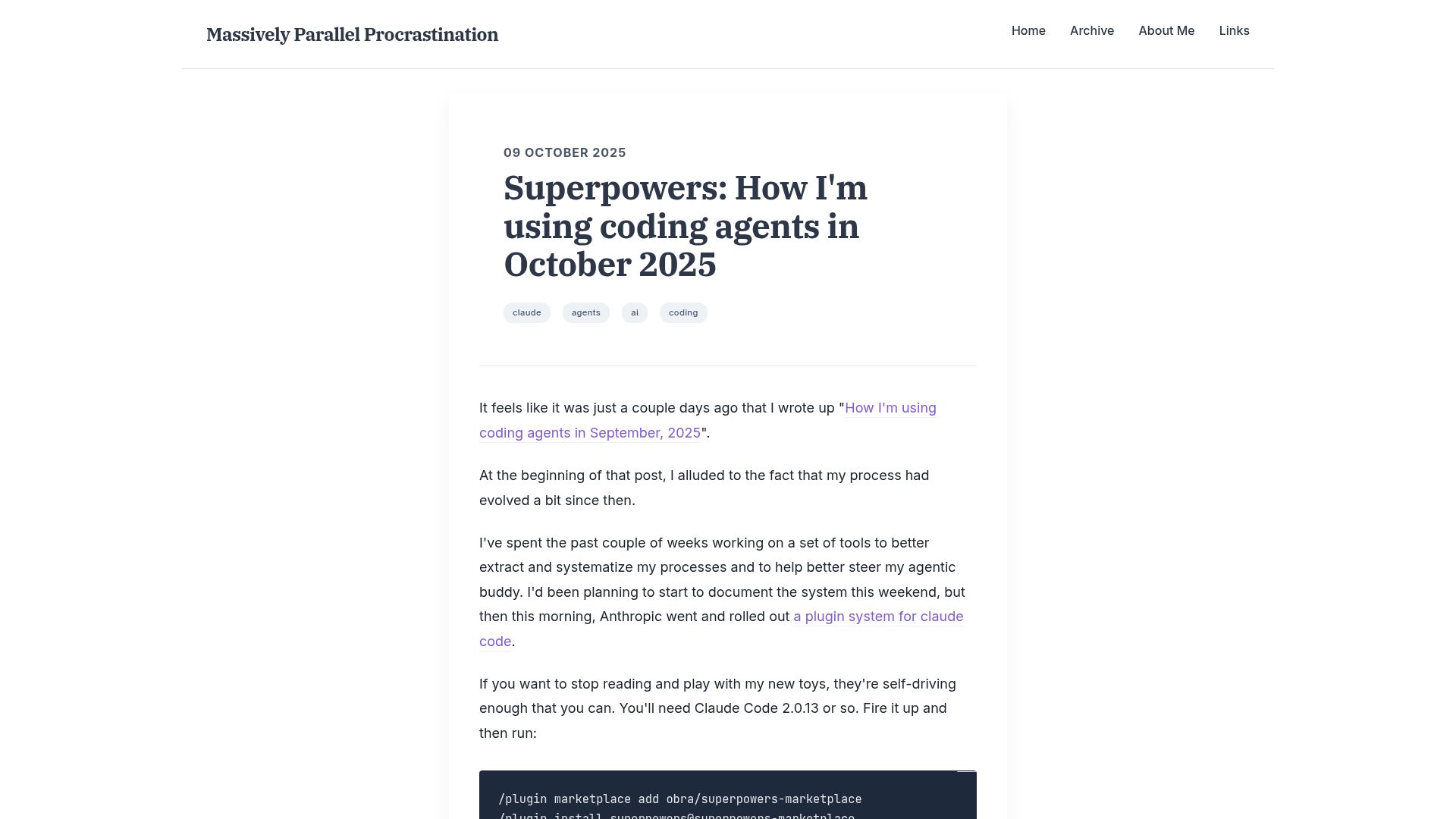 Screenshot of blog.fsck.com: Superpowers: How I'm using coding agents in October 2025