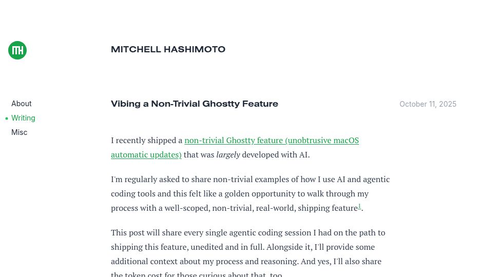 Screenshot of mitchellh.com: Vibing a non-trivial Ghostty feature
