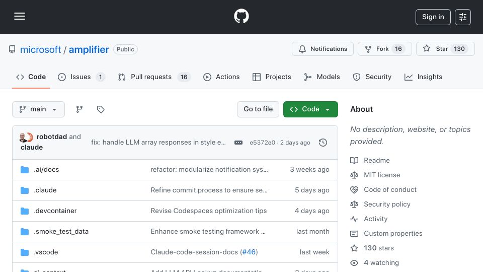 Screenshot of github.com: Microsoft Amplifier