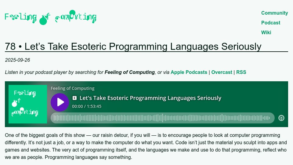 Screenshot of feelingof.com: Let's Take Esoteric Programming Languages Seriously