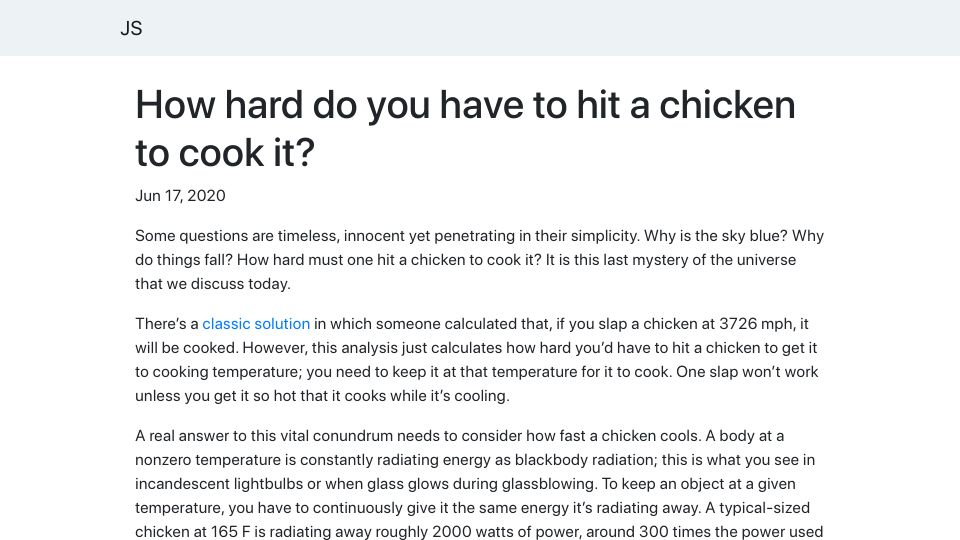 Screenshot of james-simon.github.io: How hard do you have to hit a chicken to cook it? (2020)