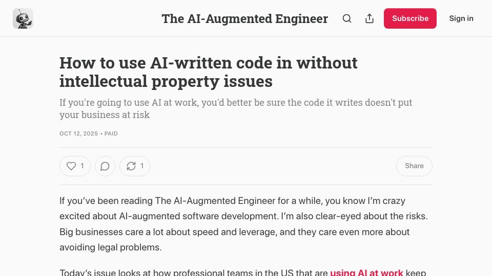 Screenshot of augmentedswe.com: The IP risks of LLMs at work are nontrivial