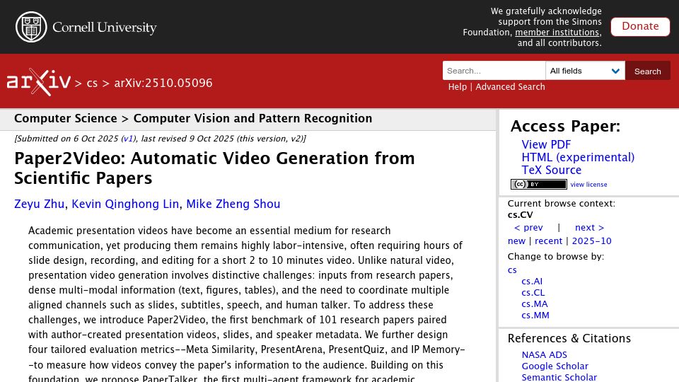 Screenshot of arxiv.org: Paper2video: Automatic video generation from scientific papers