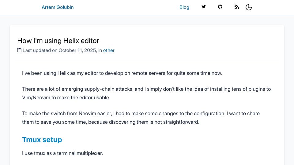 Screenshot of rushter.com: How I'm using Helix editor