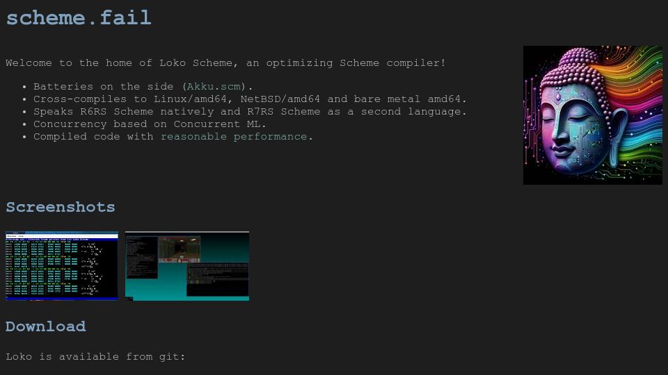 Screenshot of scheme.fail: Loko Scheme: bare metal optimizing Scheme compiler