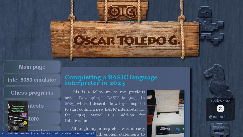 Screenshot of nanochess.org: Completing a BASIC language interpreter in 2025