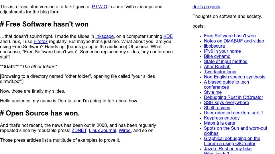 Screenshot of dorotac.eu: Free software hasn't won