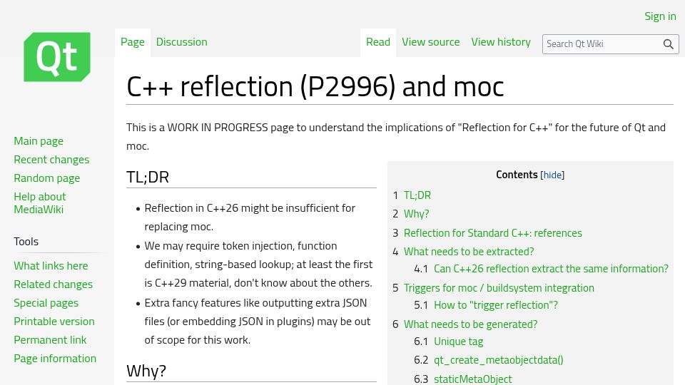 Screenshot of wiki.qt.io: C++ Reflection and Qt MOC