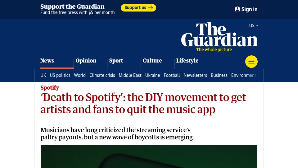 Screenshot of theguardian.com: 'Death to Spotify': the DIY movement to get artists and fans to quit the app