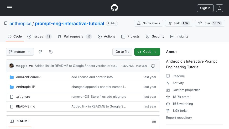 Screenshot of github.com: Anthropic's Prompt Engineering Tutorial (2024)