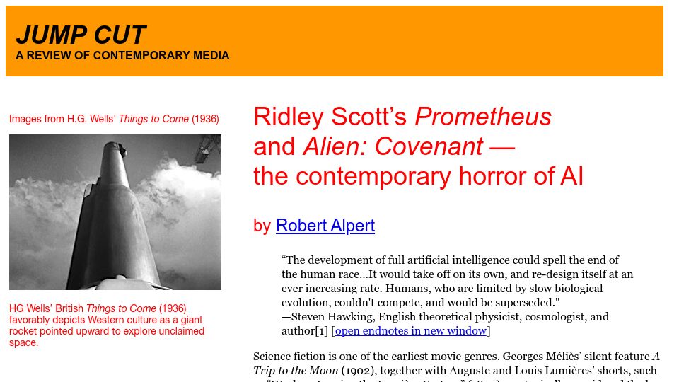 Screenshot of ejumpcut.org: Ridley Scott's Prometheus and Alien: Covenant – Contemporary Horror of AI (2020)