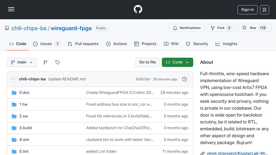 Screenshot of github.com: Wireguard FPGA