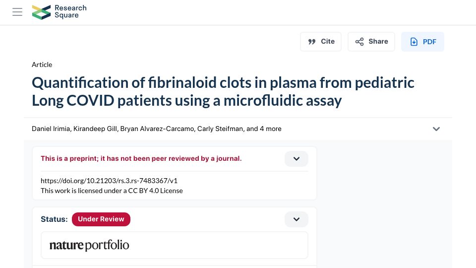 Screenshot of researchsquare.com: Quantification of fibrinaloid clots in plasma from pediatric Long COVID patients