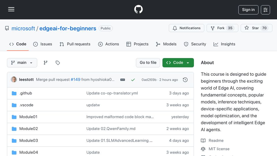 Screenshot of github.com: Edge AI for Beginners