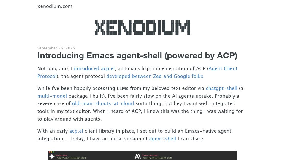 Screenshot of xenodium.com: Emacs agent-shell (powered by ACP)