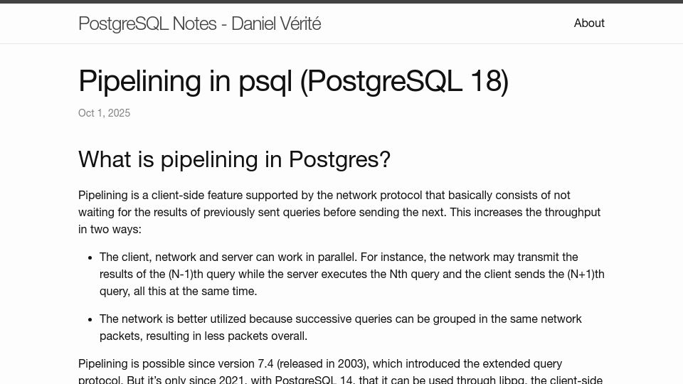 Screenshot of postgresql.verite.pro: Pipelining in psql (PostgreSQL 18)