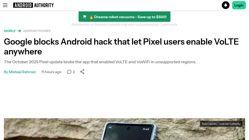 Screenshot of androidauthority.com: Google blocks Android hack that let Pixel users enable VoLTE anywhere