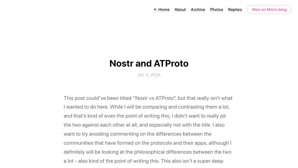 Screenshot of shreyanjain.net: Nostr and ATProto (2024)