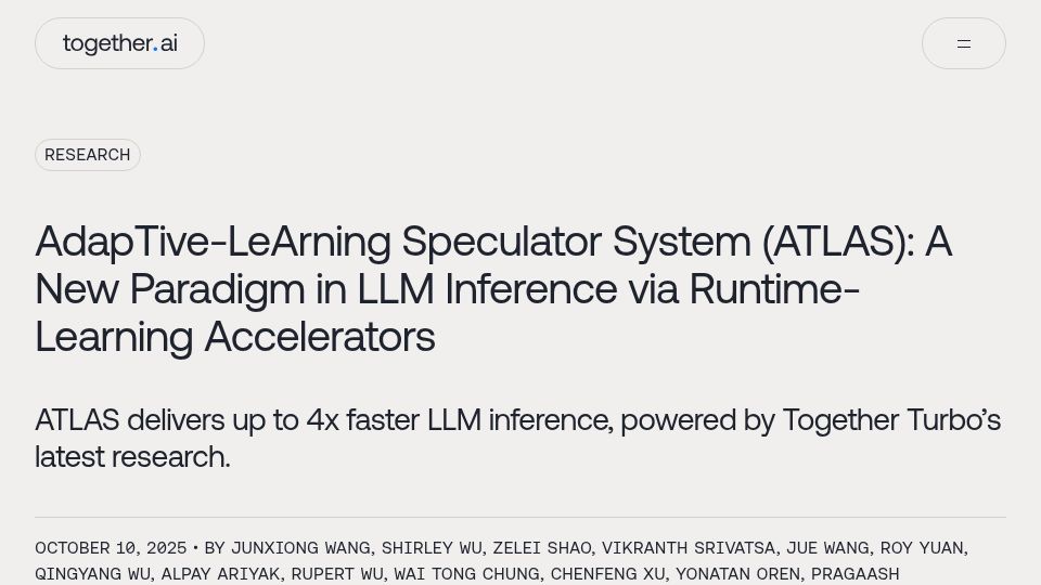 Screenshot of together.ai: AdapTive-LeArning Speculator System (ATLAS): Faster LLM inference