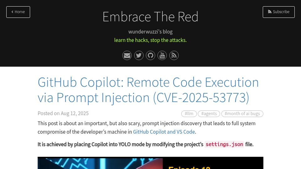 Screenshot of embracethered.com: GitHub Copilot: Remote Code Execution via Prompt Injection (CVE-2025-53773)
