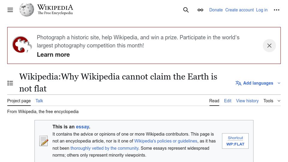 Screenshot of en.wikipedia.org: Why Wikipedia cannot claim the Earth is not flat